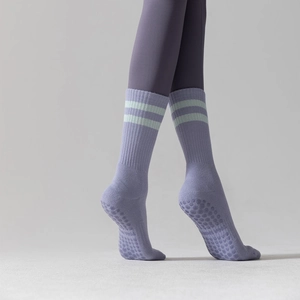 Chaussettes De Yoga Femmes Coton Peigné Antidérapant Grips Silicone Mi-Mollet Rayures Athlétique Pilates