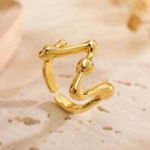 Minimalist 18K gold plated irregular geometric open ring with polished bead accents