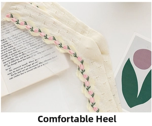 Close-up of pink tulip embroidery and bow lace details on cream mesh socks