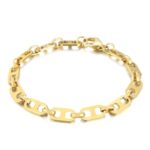 Polished gold stainless steel link bracelet with flat oval design and lobster clasp