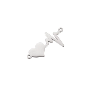 Polished silver heart-shaped stainless steel pendant with heartbeat line and side rings