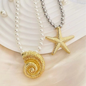 Statement Golden Starfish Conch Pendant Necklace With Imitation Artificial Pearls Alloy Metal Beads Exaggerated Beach Vacation Style