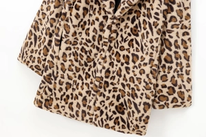 Close-up of leopard print faux fur jacket showing plush texture and collar detail