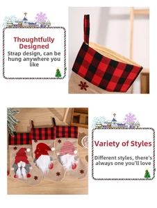 Close-up of linen Christmas stockings with faceless gnomes and red buffalo plaid cuffs