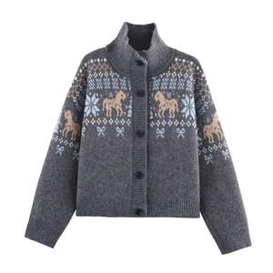 Women's dark grey knit cardigan set with jacquard horse pattern and snowflake motifs