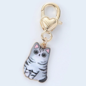 Detailed view of grey tabby cat charm with golden heart lobster clasp on zinc alloy keychain
