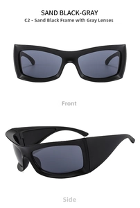 Futuristic sports sunglasses in sand black frame and gray lenses from front and side views