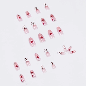 Pink gradient almond press-on nails with red hearts, leopard French tips and rhinestones