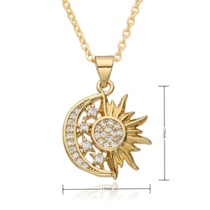 Macro detail showing sun and moon pendant dimensions of 17mm with cubic zirconia inlay