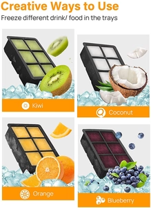 Detail view of black silicone 6-grid ice cube tray showing creative frozen fruit uses.