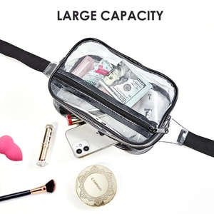 Transparent PVC waist bag with black trim showing large capacity for essentials