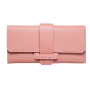 Elegant dusty pink long leather wallet for women with pebble texture and buckle strap