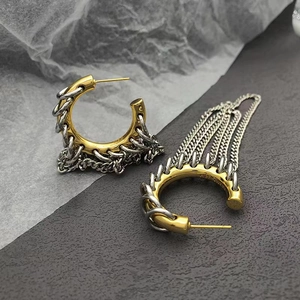 Chic two-tone gold and silver layered chain tassel earrings with C-shape hoop design