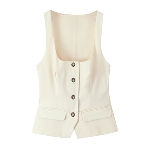 Cream square neck sleeveless vest with button decoration and front pockets on white background