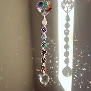 Detail of a 7 chakra Tree of Life crystal suncatcher casting rainbow light on the wall
