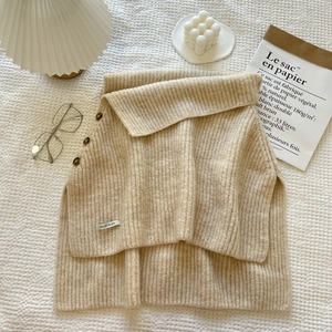 Beige knitted turtleneck poncho vest with v-neck collar and stylish side brown buttons