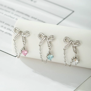 Bowknot Drop Stud Earrings With 925 Sterling Silver Earring Post Colorful Cubic Zirconia Chain Tassel Sweet Jewelry For Women