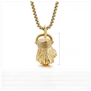 Detail of 33x20mm gold stainless steel fist pendant with box chain and size markings