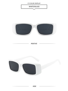 Front and side view of trendy white square frame sunglasses with dark black lenses