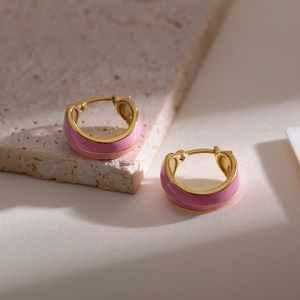 French vintage double-layered pink enamel hoop earrings in gold-tone stainless steel