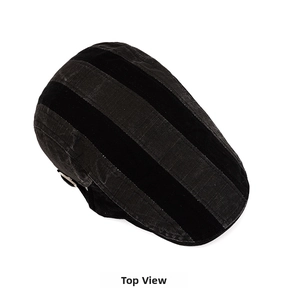Top-down view of retro grey and black striped cotton newsboy cap with metal buckle detail