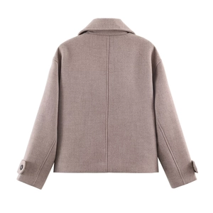 Rear view of a chic tan wool-like short jacket featuring buttoned cuffs and clean back seam