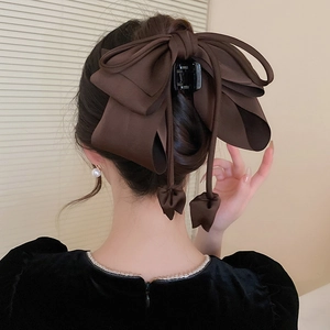 Détail d'une pince à cheveux élégante avec un nœud en tissu marron foncé sur un chignon