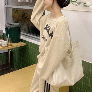 Korean Ins Style Canvas Tote Bag For Women Minimalist Herringbone Pattern Large Capacity Shoulder Bag Shopping Bag