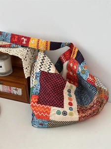 Grand sac à bandoulière en toile avec motif patchwork ethnique rétro pour femme