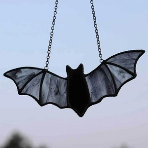 Gothic hanging bat decoration made of translucent stained glass with metal chain