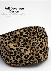 Detail of leopard print cotton hat showing full coverage design and reversible wear