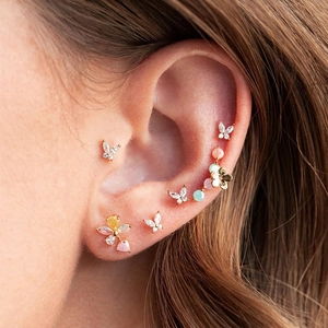 Butterfly And Flower Stud Earrings Gold Plated Brass Zircon 925 Sterling Silver Earring Post Korean Style Elegant