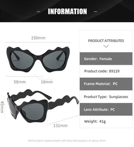 Detailed size chart and technical specifications for Y2K wave cat eye sunglasses