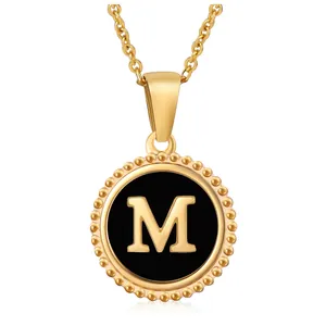 Initial Letter Pendant Necklace 18K Gold Plated 304 Stainless Steel Round Black Drip Oil Fashion Jewelry For Women