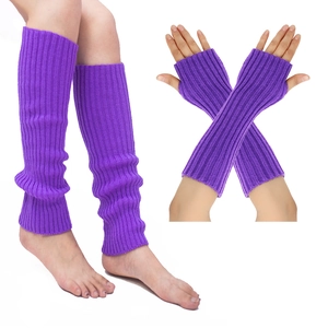 Purple striped knit leg warmer and fingerless glove set for winter warmth