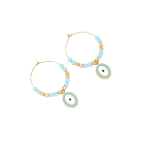 Gold evil eye hoop earrings with light blue beads and enamel charms on white background