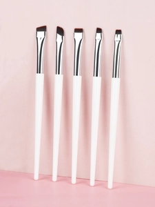 Detailed set of 5 white precision eye makeup brushes with angled and flat synthetic bristles