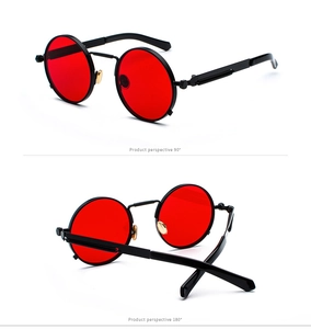Retro steampunk sunglasses with red round lenses and black frames shown from 90 and 180 degrees
