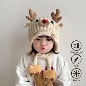 Baby Winter Reindeer Ear Protection Knit Hat For Boys Girls Toddler Warm Acrylic Crochet Beanie With Antlers Christmas Gift