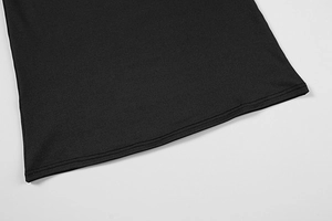 Detailed view of the double-needle stitched hem on a slim fit black lace maxi dress