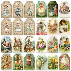 Set of 18 vintage Easter cardstock gift tags with assorted festive illustrations