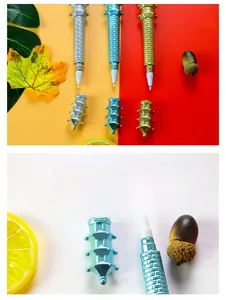 Detailed view of creative pagoda-shaped gel pens in silver, gold and blue metallic finishes