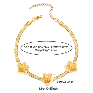 18K gold plated stainless steel anklet with three flowers and snake chain design