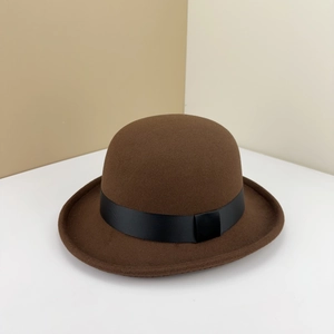 Classic dark brown wool felt bowler hat with a wide black grosgrain ribbon trim