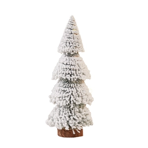 Mini Christmas tree with white snow coating on pine needles and a natural wood base