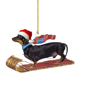 Cartoon dachshund on a sleigh with Christmas hat and scarf acrylic tree ornament