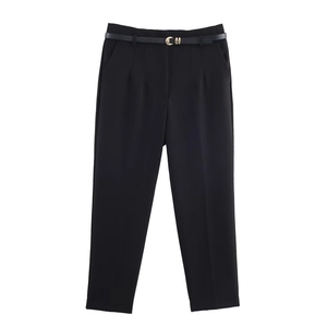 Women's high waist straight leg dress pants in black with matching thin metal buckle belt