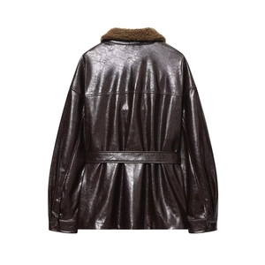 Deep brown faux leather PU jacket with faux fur collar shown from a back view