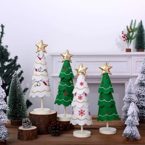 Felt Christmas Tree Tabletop Ornament Wood Base Embroidered Snowflake Golden Star Desktop Decoration Nordic Style