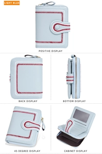 Light blue women's short wallet with stitching detail, zipper, and organ card holder